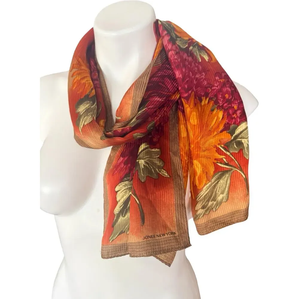 Vintage Jones New York Silk Floral Scarf 1990s Orange Red Chrysanthemum 11x52